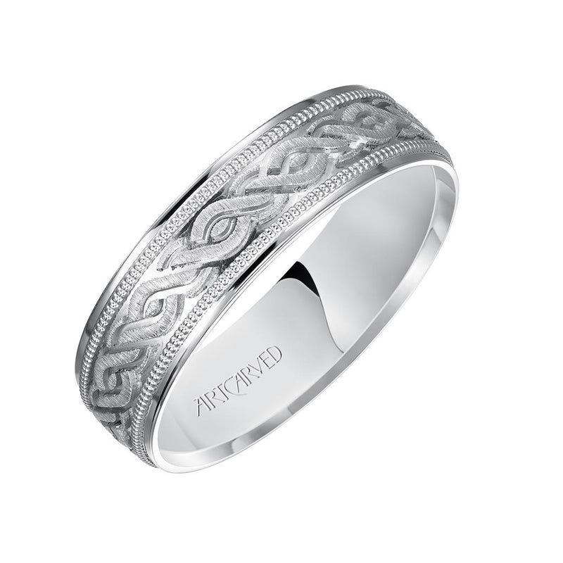 Angle View of Low Dome Round Edge Carved 6MM Wedding Band