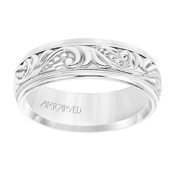 Flat View of Low Dome Round Edge Carved 7MM Wedding Band