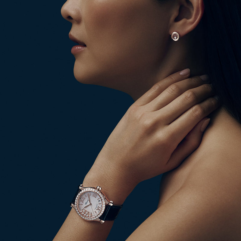 Model wearing Happy Sport Automatic Rose Gold 36mm watch