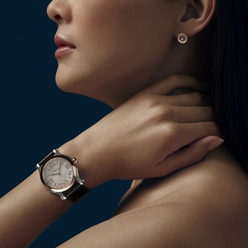 Model wearing Happy Sport 36mm 18k rose gold and steel Automatic watch