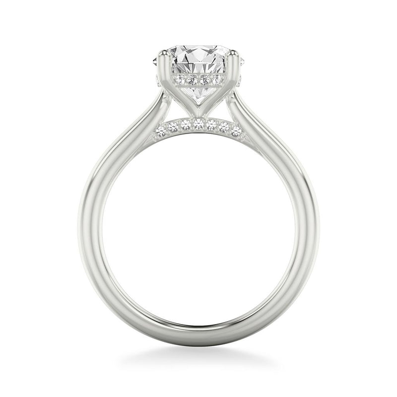 Side View of Classic Solitaire Engagement Ring with Hidden Halo and Diamond Bridge