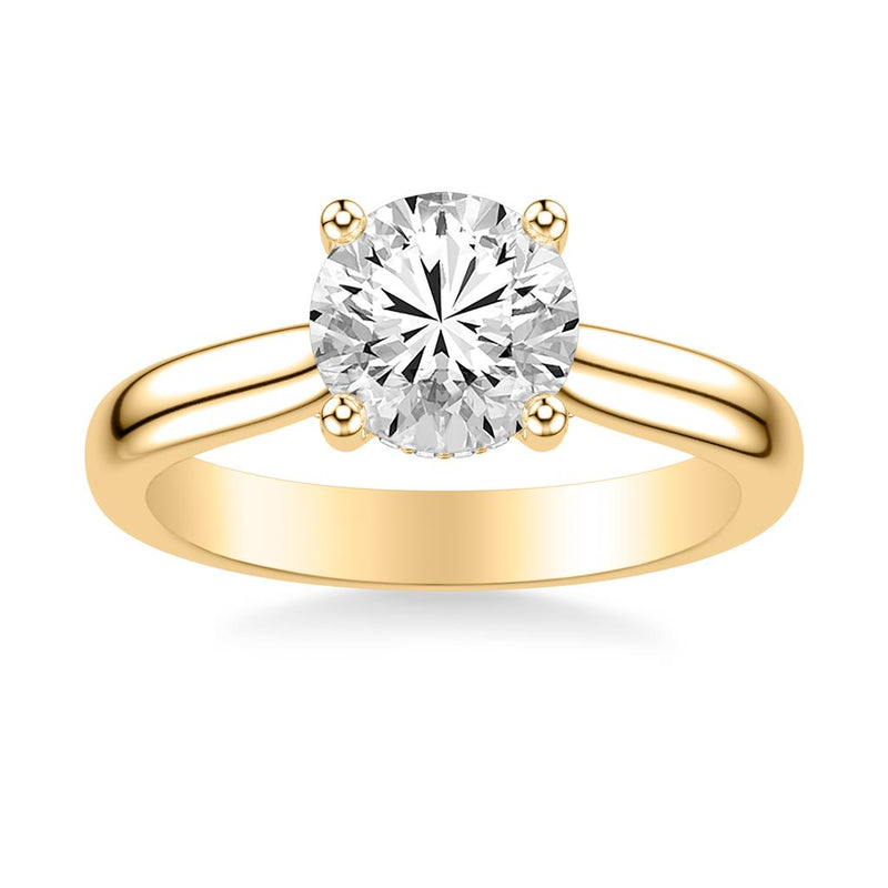 Flat View of Classic Solitaire Engagement Ring with Hidden Halo and Diamond Bridge in Yellow Gold