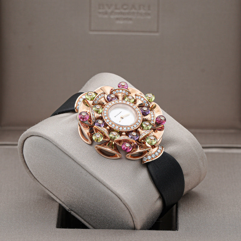 BVLGARI 102217 Bulgari Divas' Dream Quartz Rose Gold set with diamonds, peridot, rubellite and amethyst beads 39mm watch angle