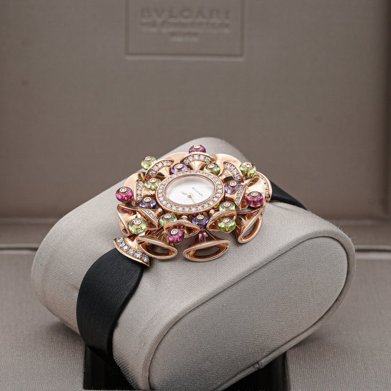 BVLGARI 102217 Bulgari Divas' Dream Quartz Rose Gold set with diamonds, peridot, rubellite and amethyst beads 39mm watch angle 2