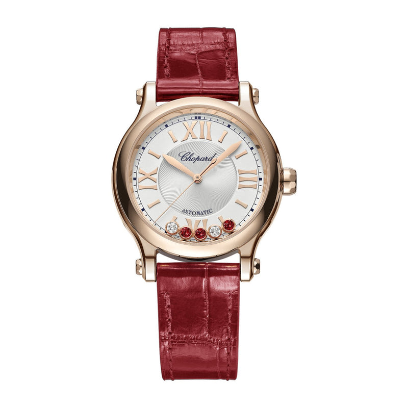 Happy Sport 33 mm, automatic, 18k rose gold, diamonds, rubies