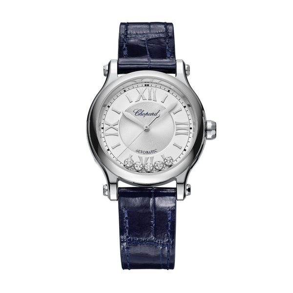 Happy Sport Steel 33mm silver dial automatic watch on blue leather strap