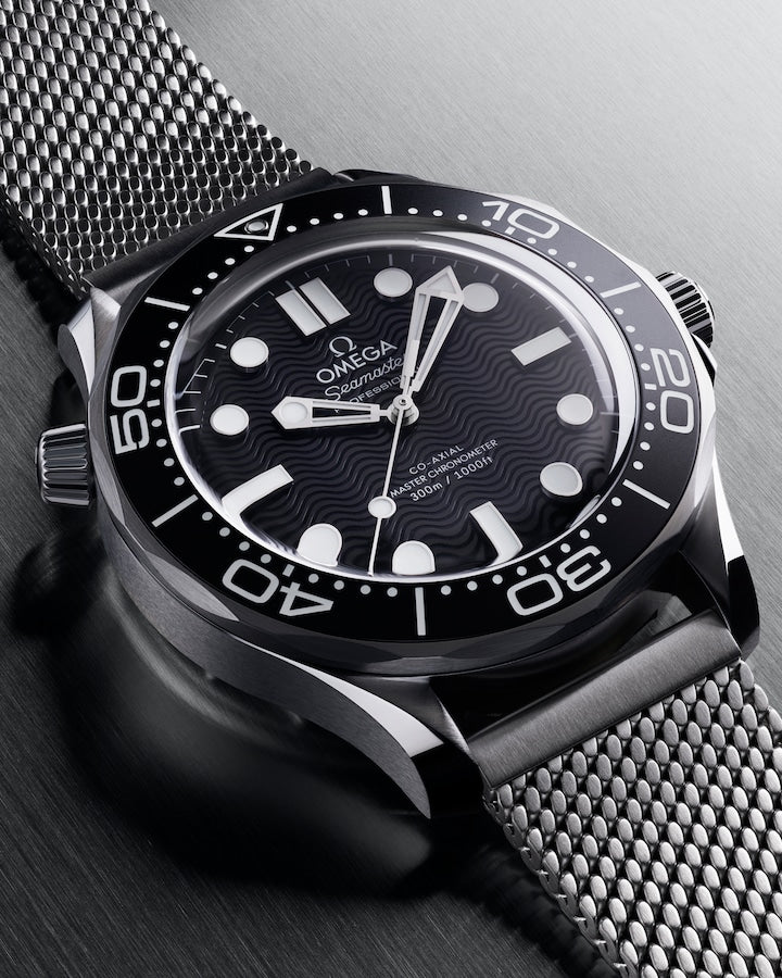 Campaign Side View Omega Diver 300M Co-Axial Master Chronometer Black Dial on Steel Bracelet 42mm Watch